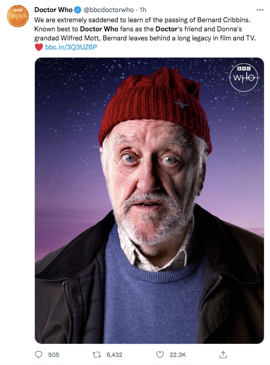 Doctor Who's tribute tweet to Bernard Cribbins