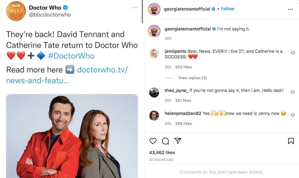 Georgia Tennant's Instagram post about David Tennant's Doctor Who return