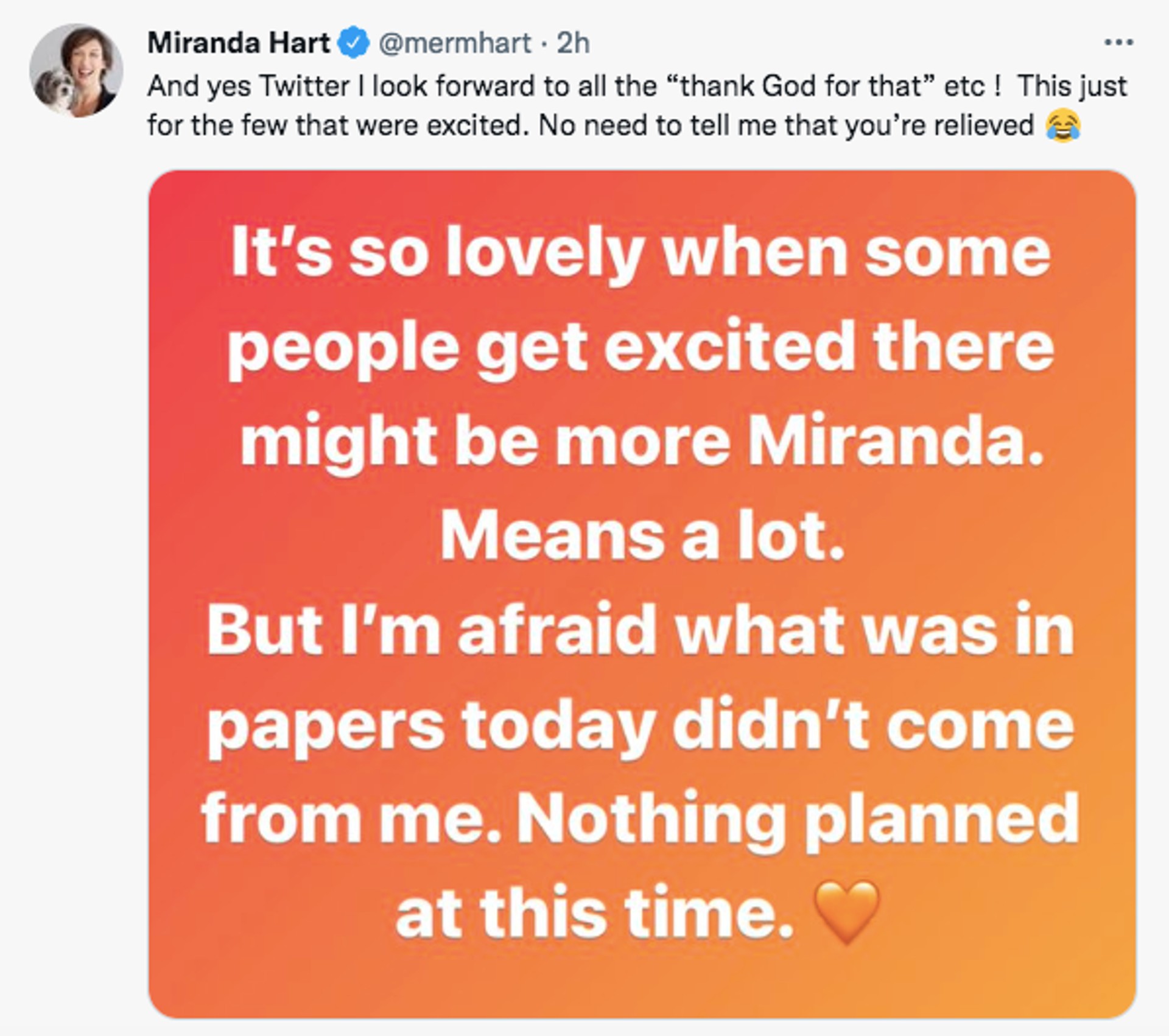 Miranda Hart's tweet about 'Miranda'