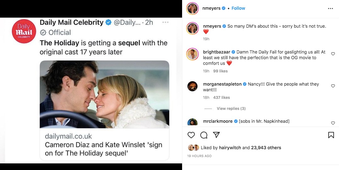 Nancy Meyers' Instagram post responding to a 'The Holiday' sequel