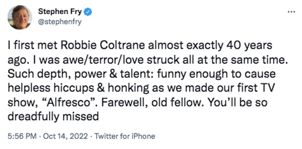 Stephen Fry tweets tribute to Robbie Coltrane